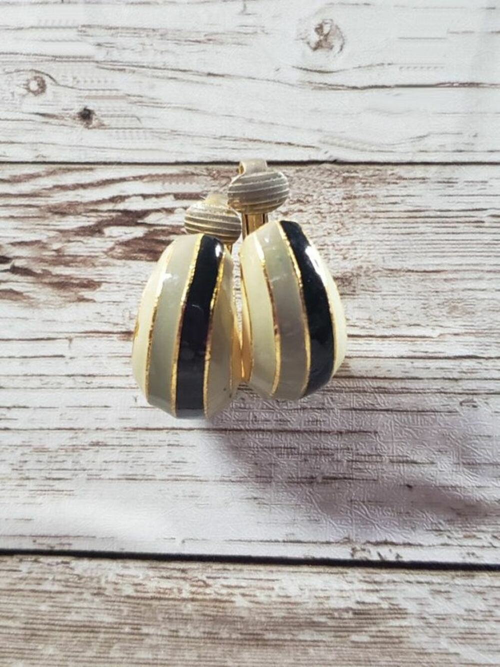 Vintage Clip On Earrings Green Cream Black and Gold Tone Half Hoop